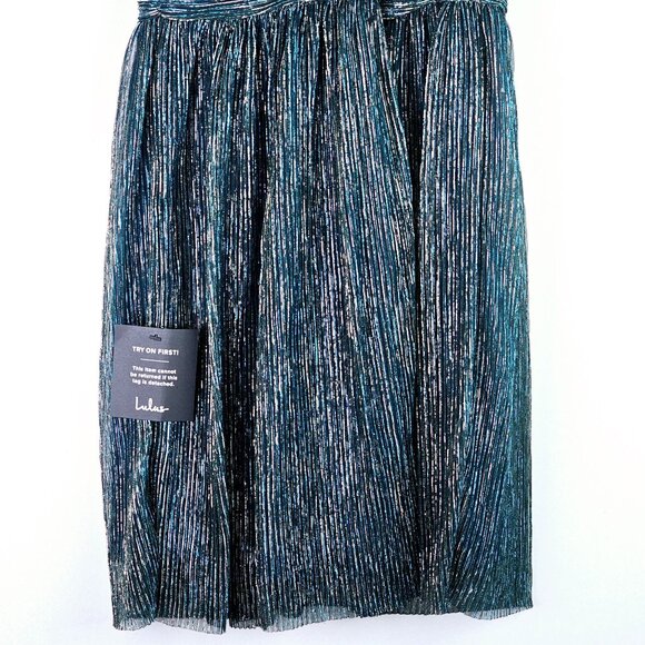 Lulus Ailey Halter Mini Twisted Back Metallic Threaded Gold Teal Skater Dress, S - Picture 8 of 10